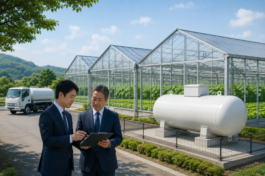 施設園芸の温室と屋外のLPガス貯槽を背景に、供給計画を確認する事業承継担当者のイメージ画像