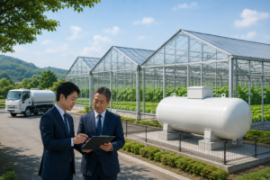 施設園芸の温室と屋外のLPガス貯槽を背景に、供給計画を確認する事業承継担当者のイメージ画像