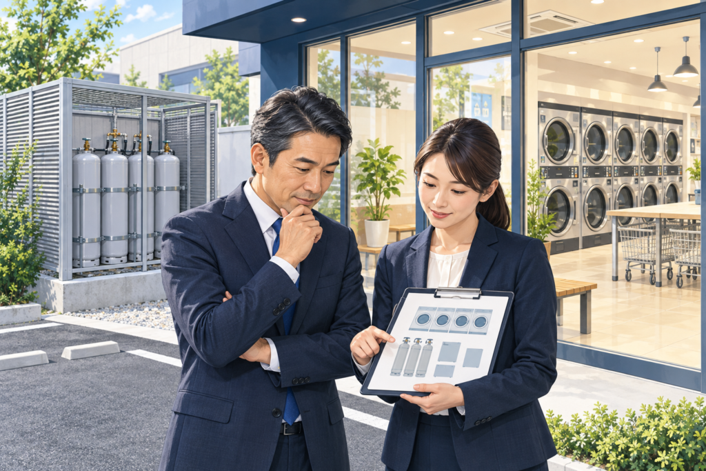 コインランドリーの乾燥機と屋外のLPガス容器を背景に、設備台帳を確認する事業承継担当者のイメージ