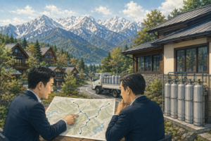 長野の山間部にある宿泊施設と別荘へのLPガス配送ルートを確認する事業承継担当者のイラスト