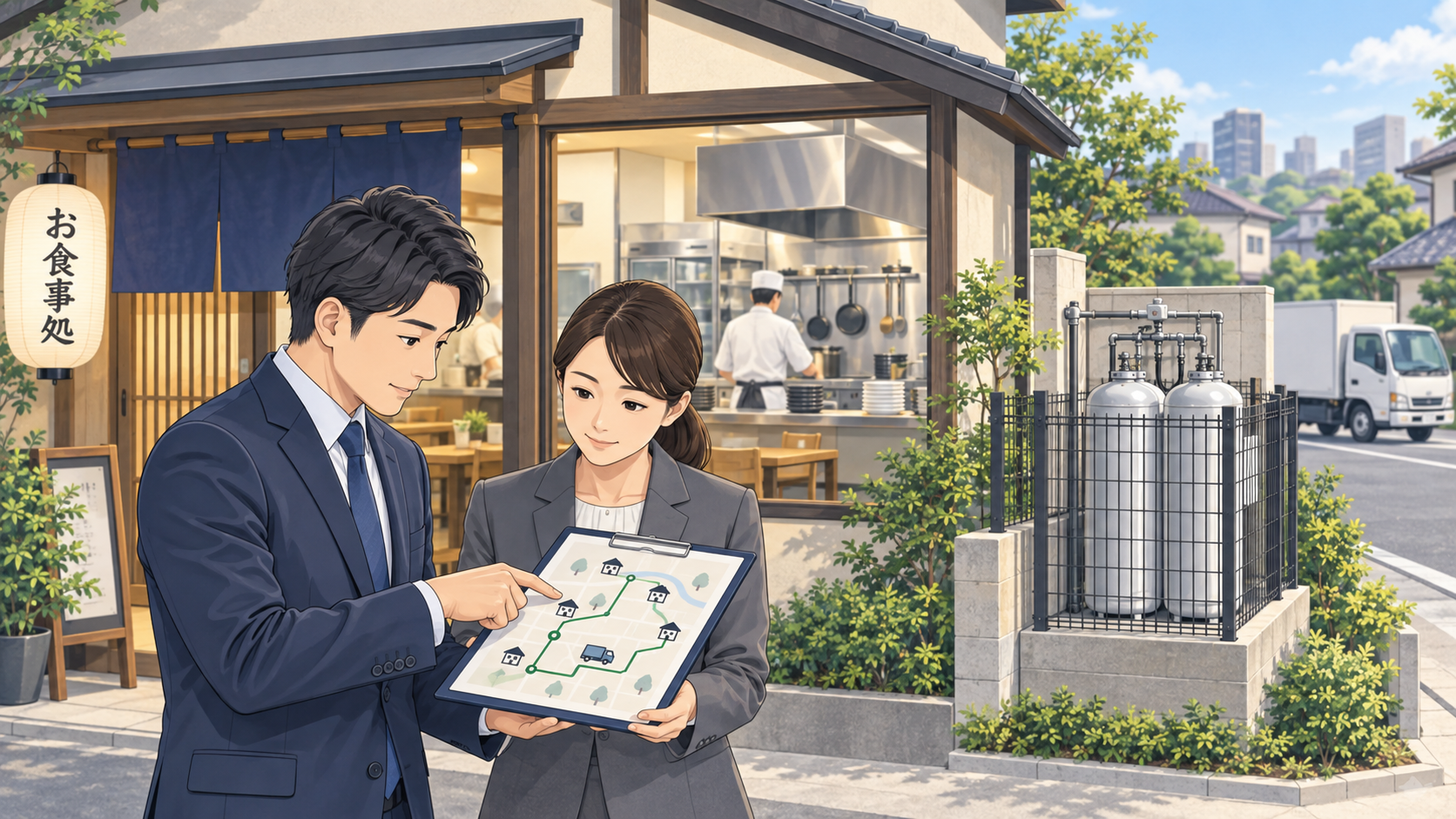 飲食店の厨房と屋外のLPガス容器を背景に、供給ルートを確認する事業承継担当者のイメージ